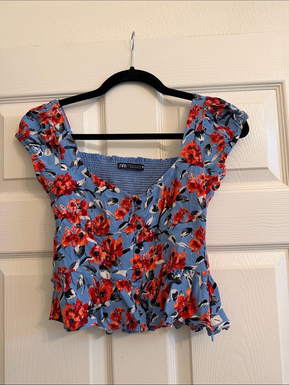 ZARA Light Blue Floral Smocked Back Peplum Top- cottagecore - romantic summer